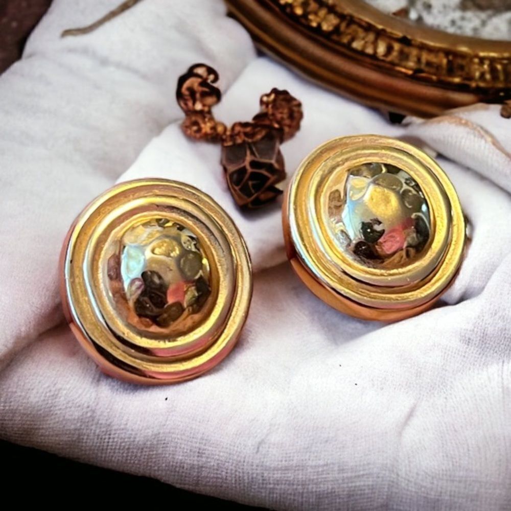 Christian Dior Hammered Gold Tone Round Stud Earrings - Picture 1 of 5